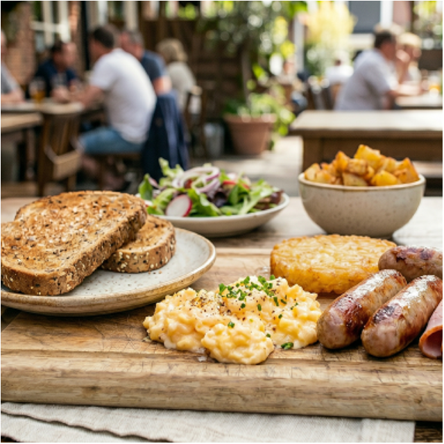 Chefs Breakfast with FREE Coffee Scrambled eggs, Hashbrown 2 bread 1 sausage